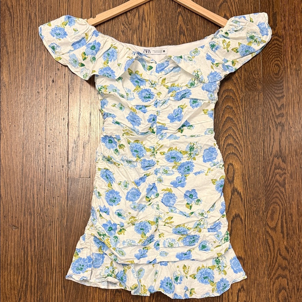 Zara White Off-Shoulder Floral Dress with Blue Blossoms